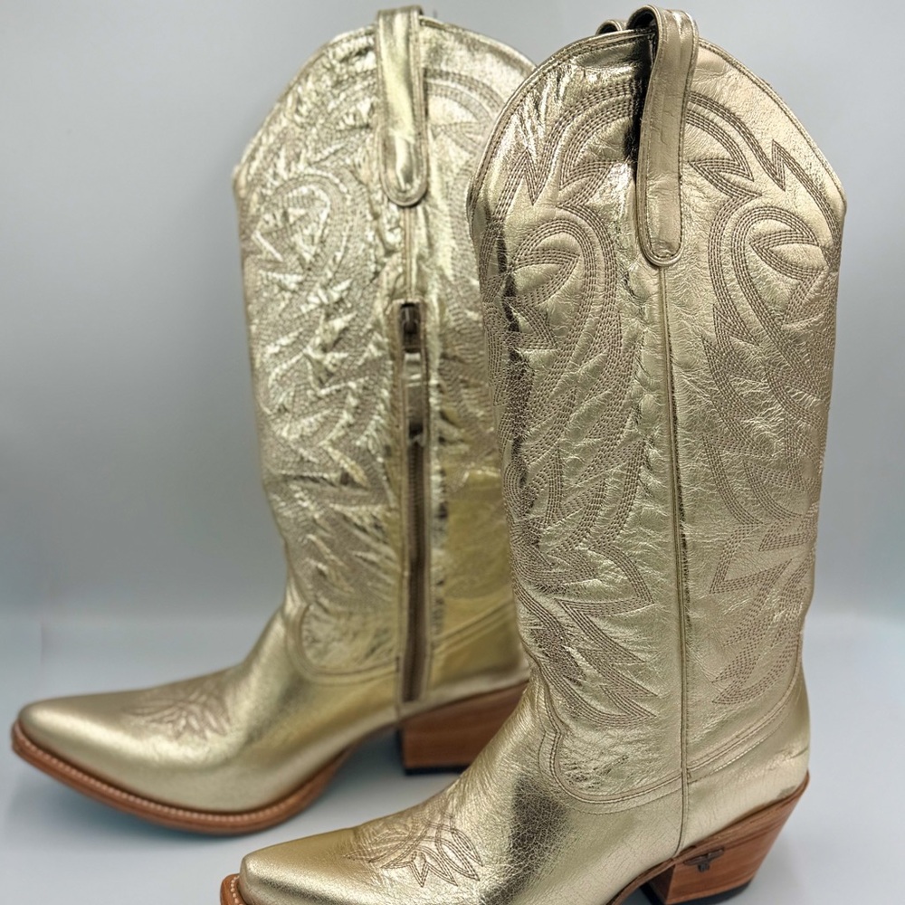 Women's Metallic Gold Embroidered Western Heeled Boots